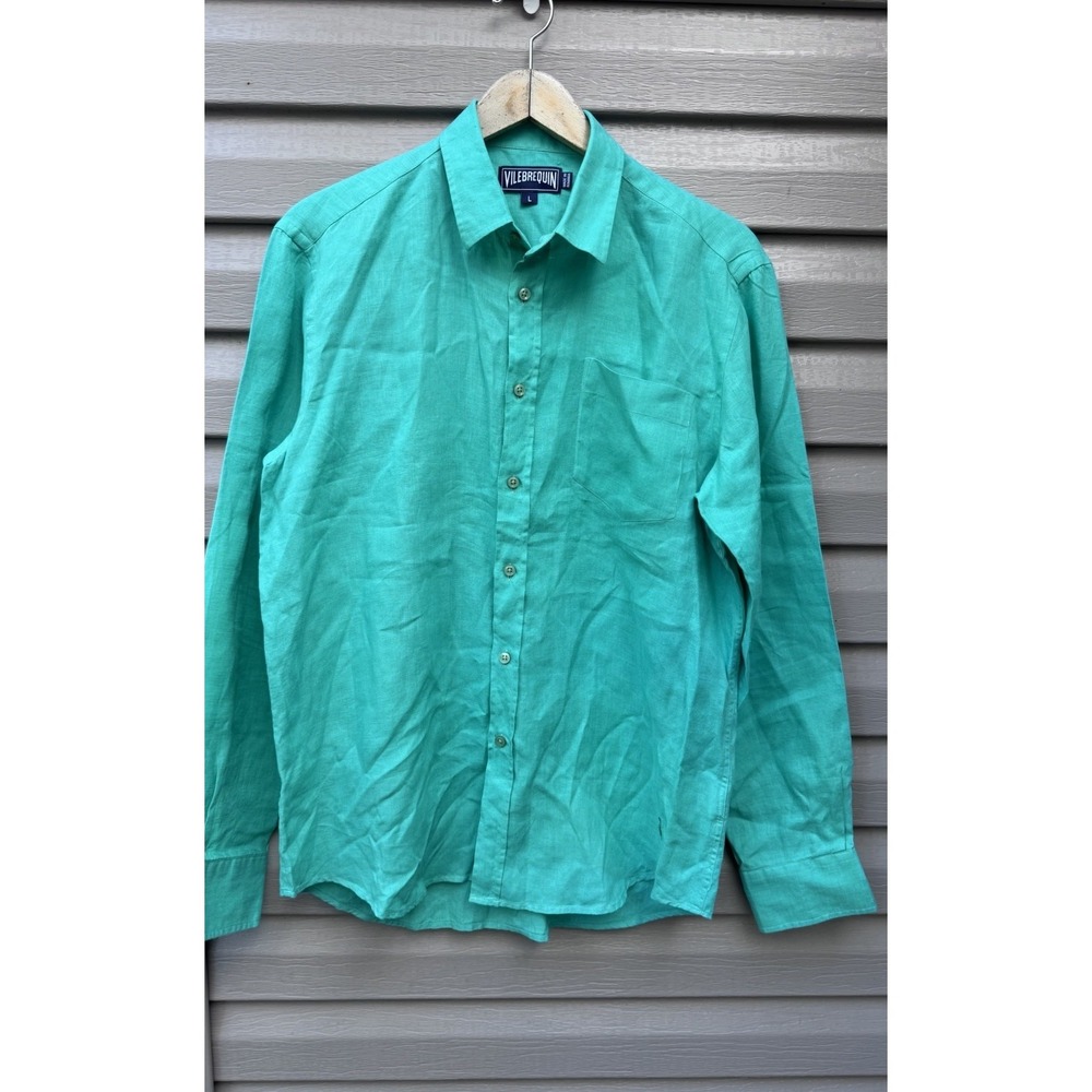 Vilebrequin Mens Green Long Sleeve Shirt 100% Linen Size Large